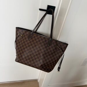 Authentic Louis Vuitton Neverfull MM Damier Ebene Tote Bag Red Interior